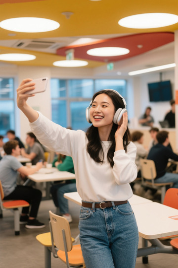 耳机女生自拍校园学习场景