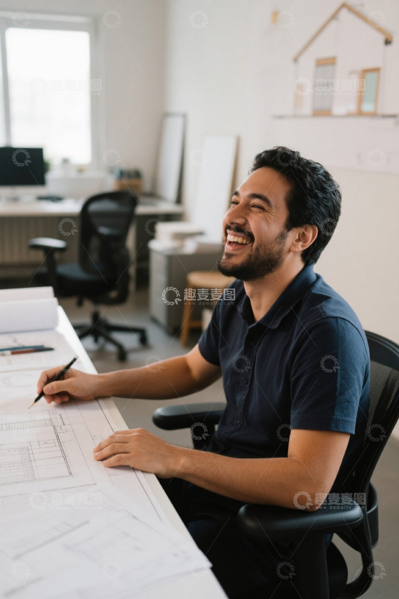 高清大图下载【趣麦麦图】快乐的年轻建筑师在办公室工作