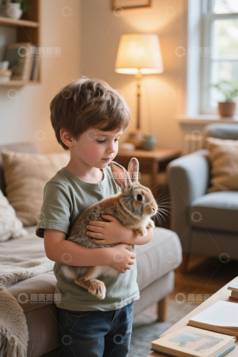 高清大图下载【趣麦麦图】儿童怀抱兔子温馨画面