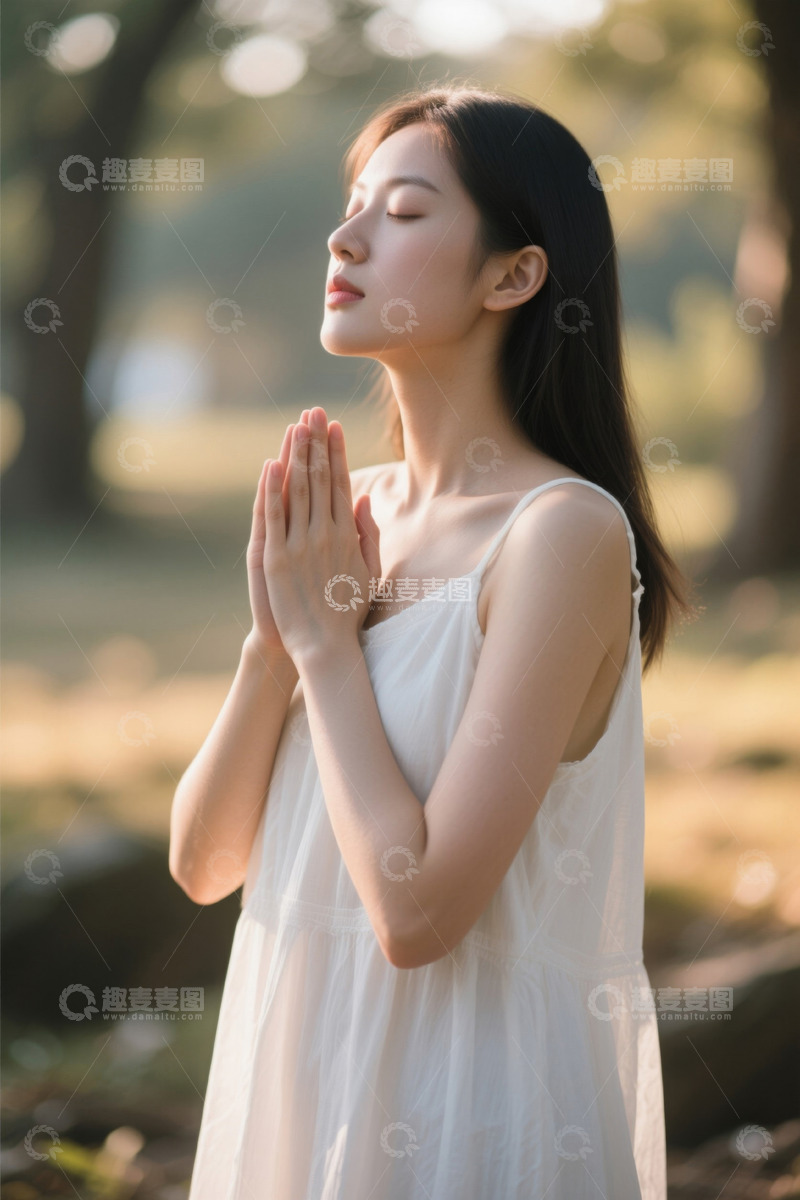 高清大图下载【趣麦麦图】阳光下祈祷的女孩恬静美好