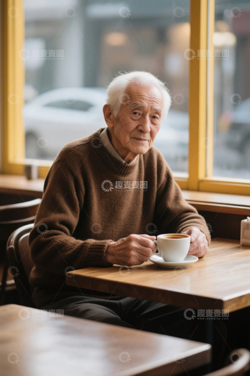 高清大图下载【趣麦麦图】咖啡馆里一位年迈的亚洲男士