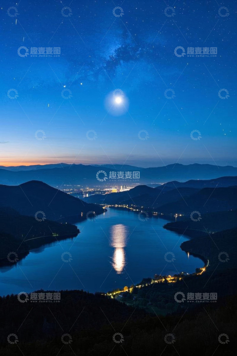 高清大图下载【趣麦麦图】月夜下的湖泊与星空景观