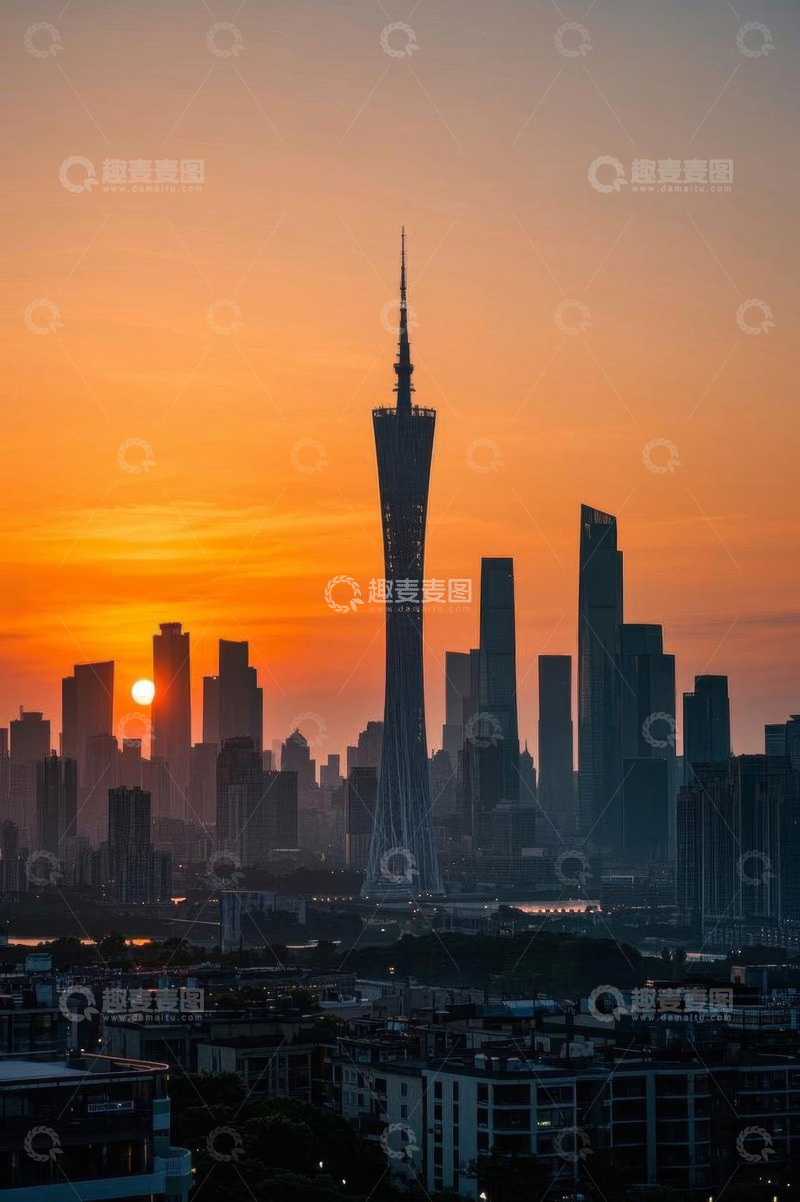 高清大图下载【趣麦麦图】广州城市天际线日落景观