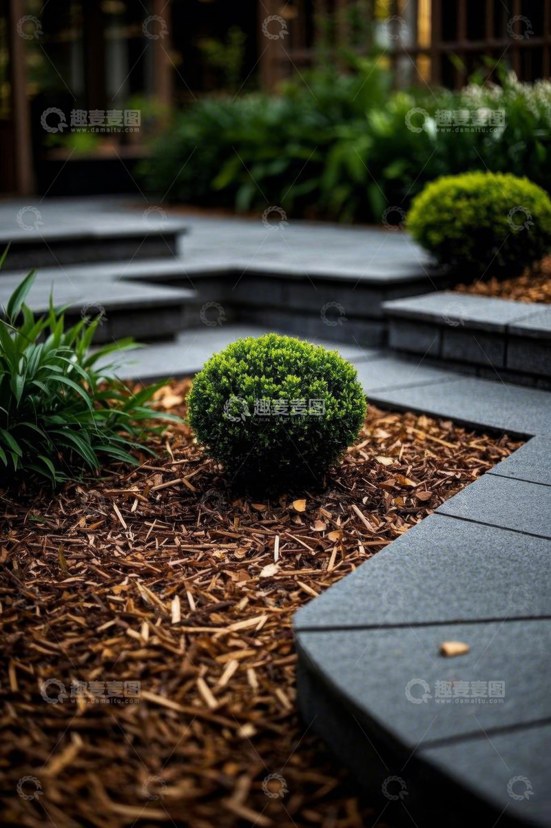 高清大图下载【趣麦麦图】庭院绿植与石板路景观