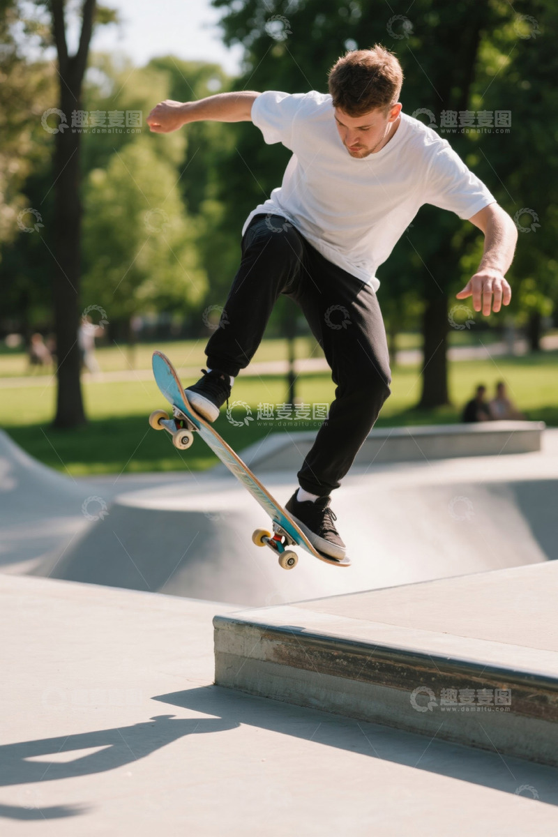 高清大图下载【趣麦麦图】阳光下年轻人在滑板公园玩滑板