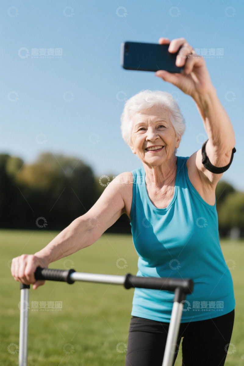 高清大图下载【趣麦麦图】老年女性户外运动自拍开心