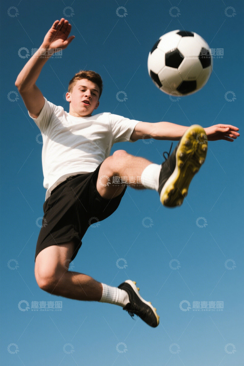 高清大图下载【趣麦麦图】少年空中飞踢足球英姿