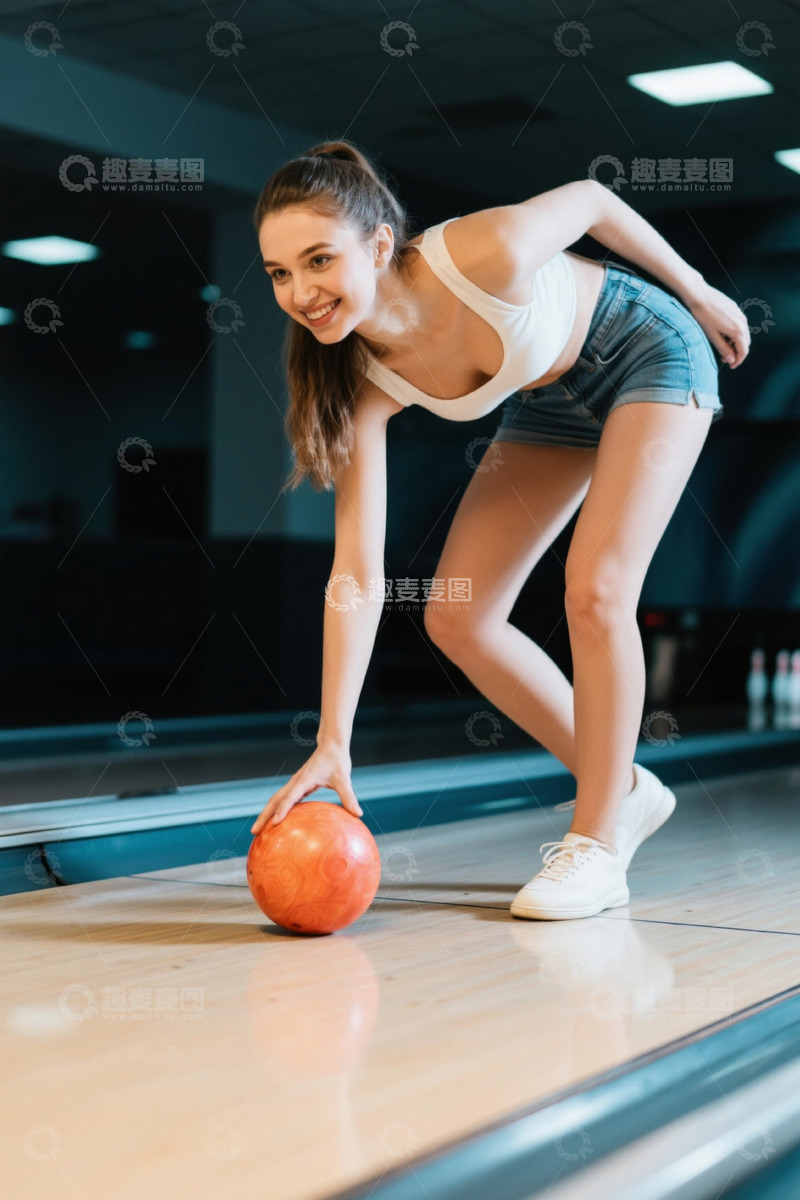 高清大图下载【趣麦麦图】年轻女子保龄球馆投球瞬间