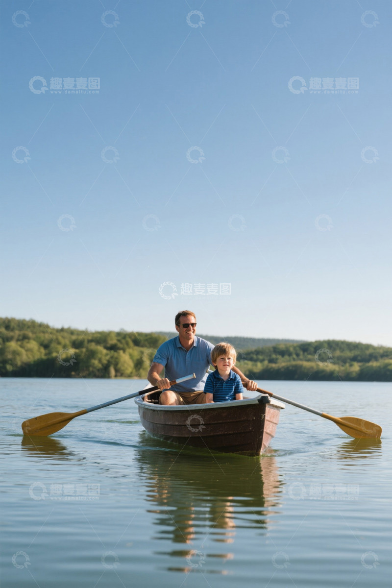高清大图下载【趣麦麦图】父子二人划船湖上快乐时光