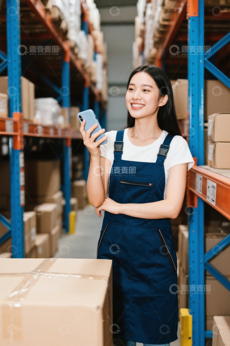 高清大图下载【趣麦麦图】仓库女员工使用手机查看货物信息