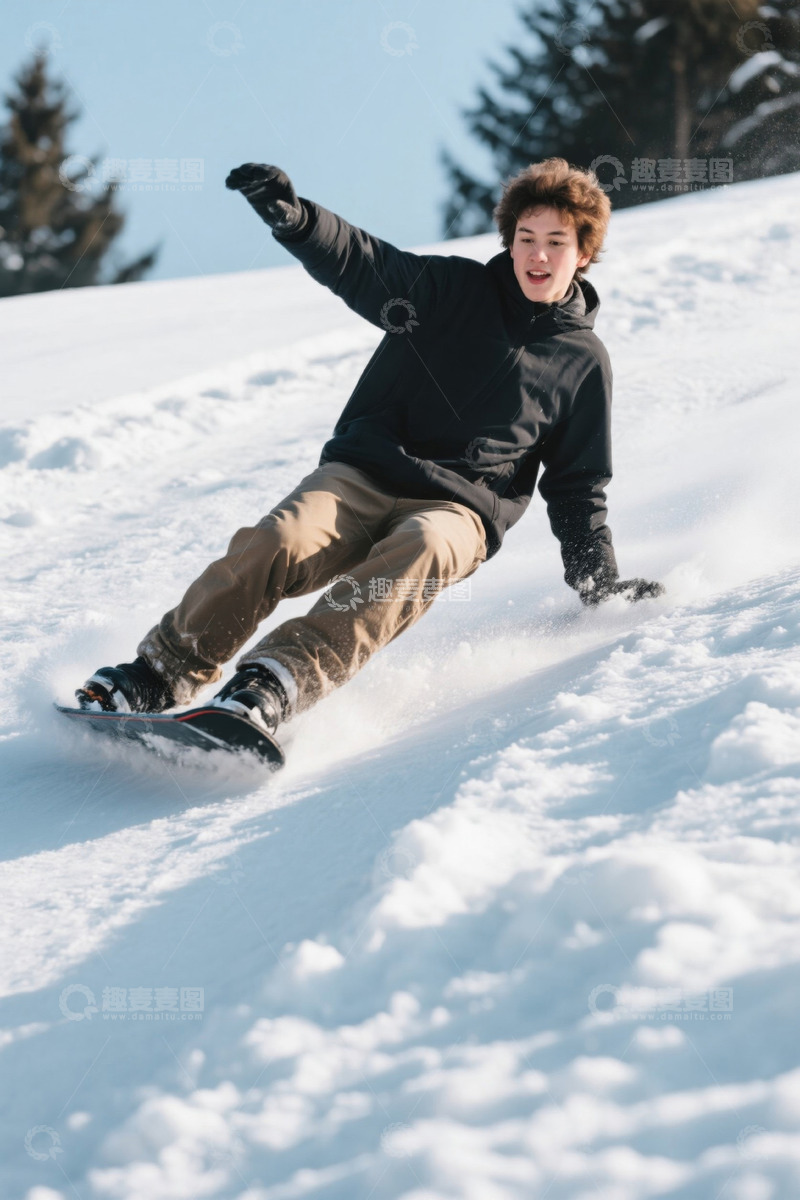高清大图下载【趣麦麦图】少年雪地单板滑雪英姿飒爽