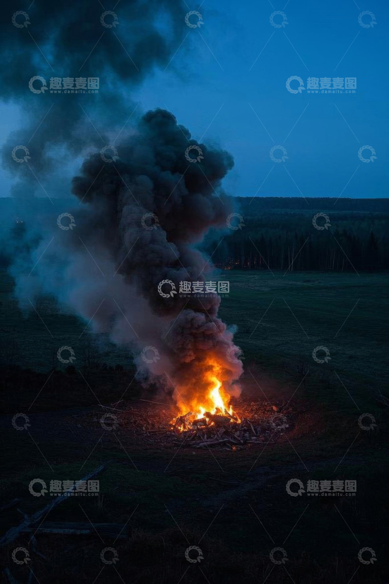 高清大图下载【趣麦麦图】野外篝火浓烟升腾场景