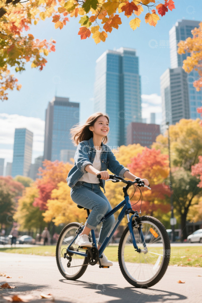 高清大图下载【趣麦麦图】女孩秋日骑车城市风景