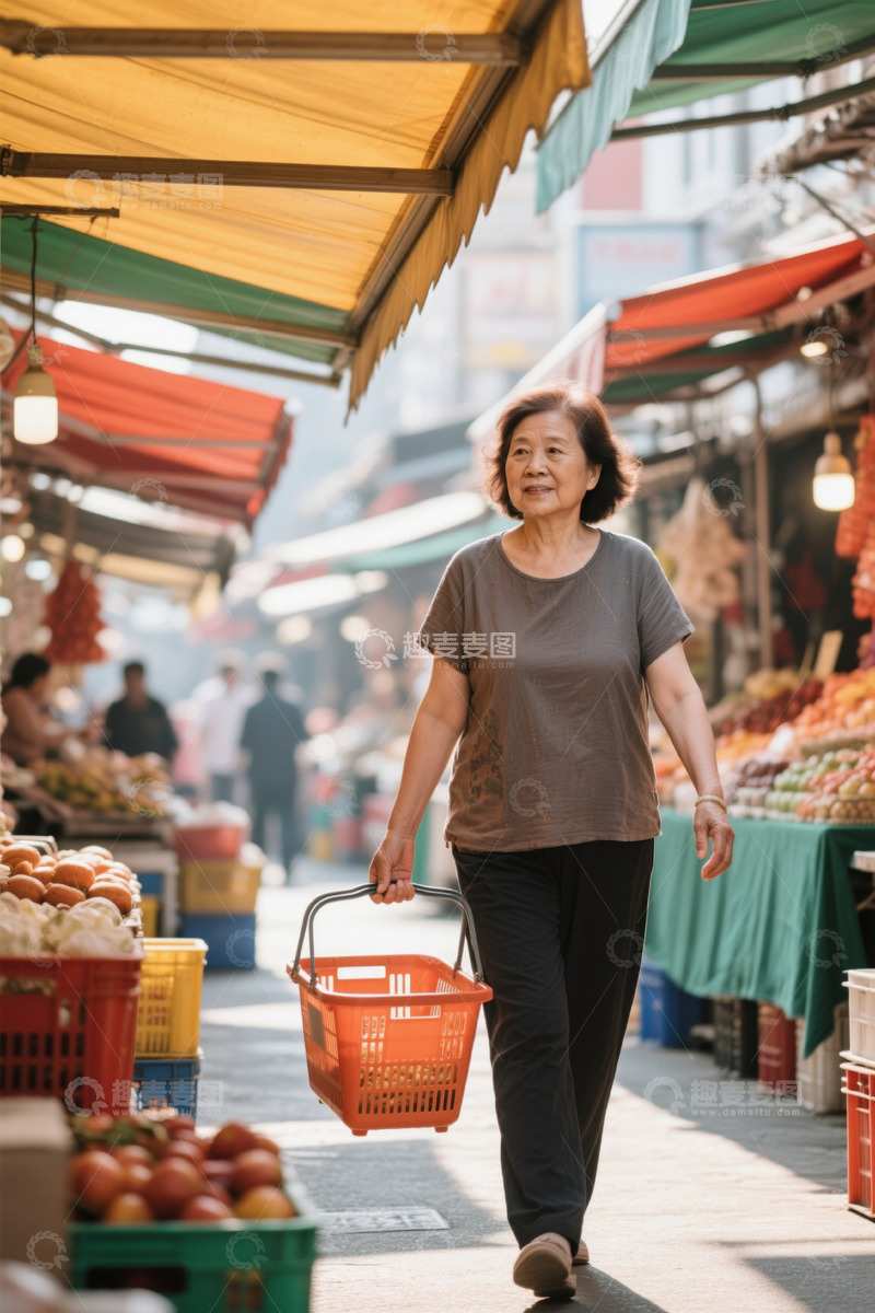 高清大图下载【趣麦麦图】老年妇女在菜市场购物