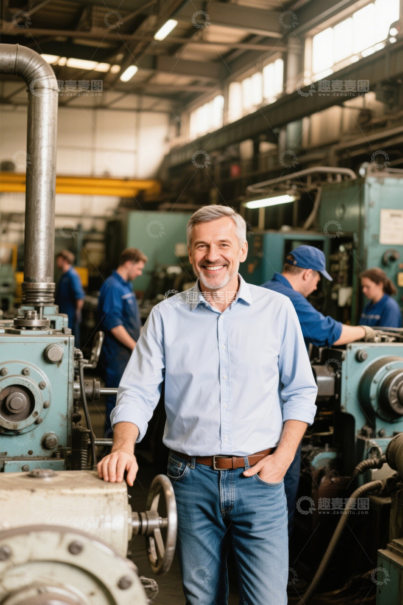 高清大图下载【趣麦麦图】工厂车间里微笑的成熟男性经理