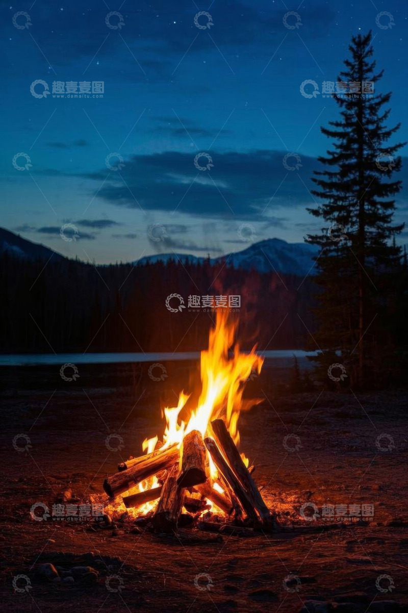 高清大图下载【趣麦麦图】户外湖畔篝火夜景