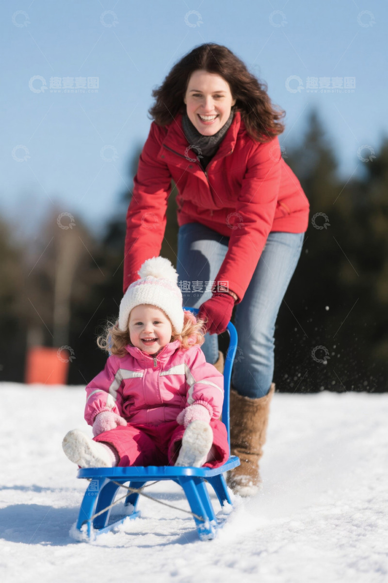 高清大图下载【趣麦麦图】母亲拉着女儿在雪地里玩雪橇