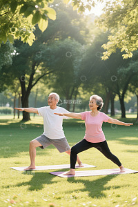 公园里老年夫妇练习瑜伽