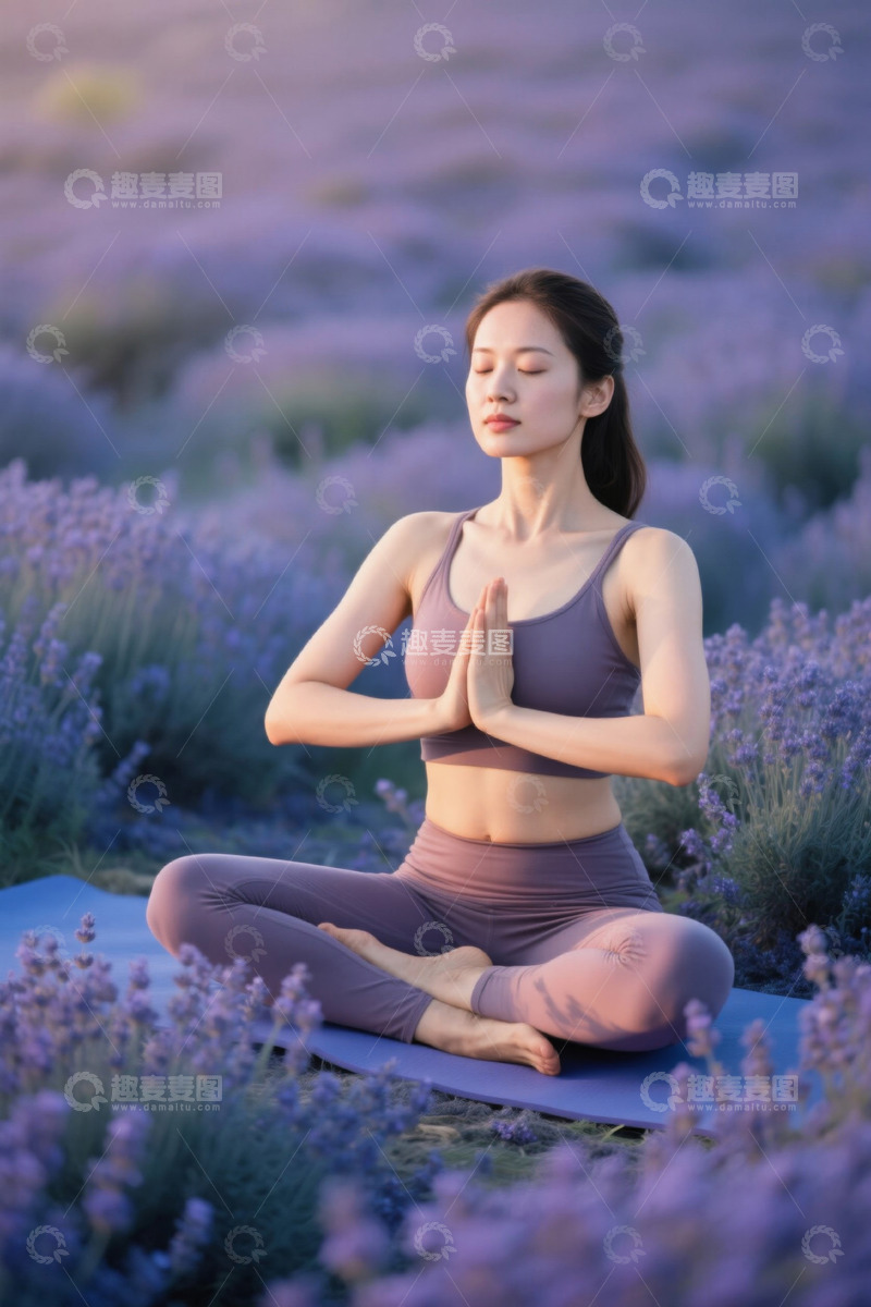 高清大图下载【趣麦麦图】薰衣草田瑜伽冥想女子