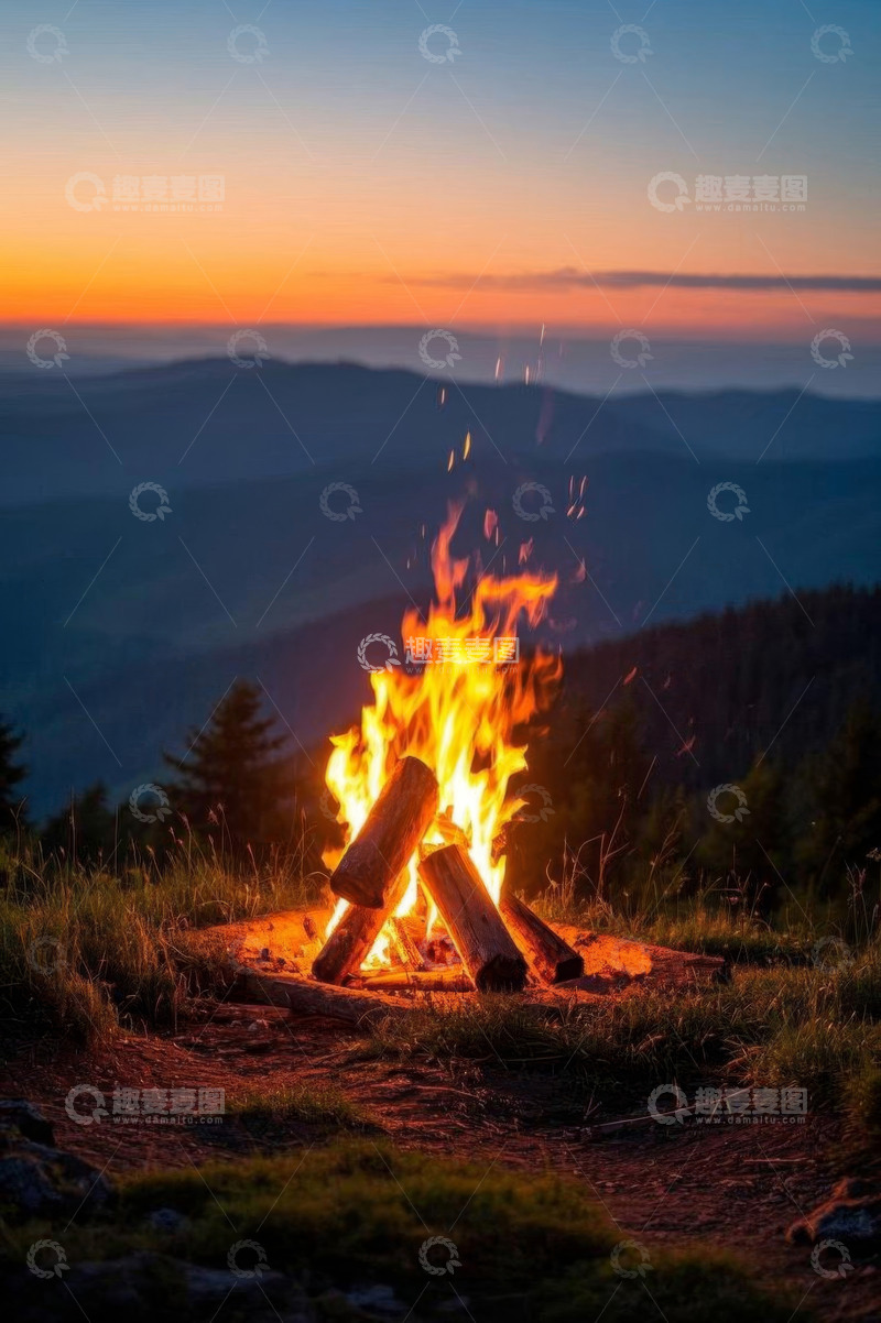 高清大图下载【趣麦麦图】山间篝火日落自然风光