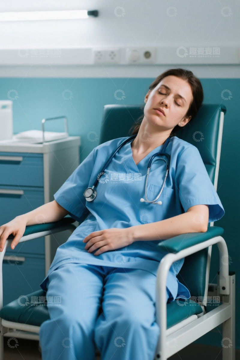 高清大图下载【趣麦麦图】疲惫女医生在医院休息室睡着了