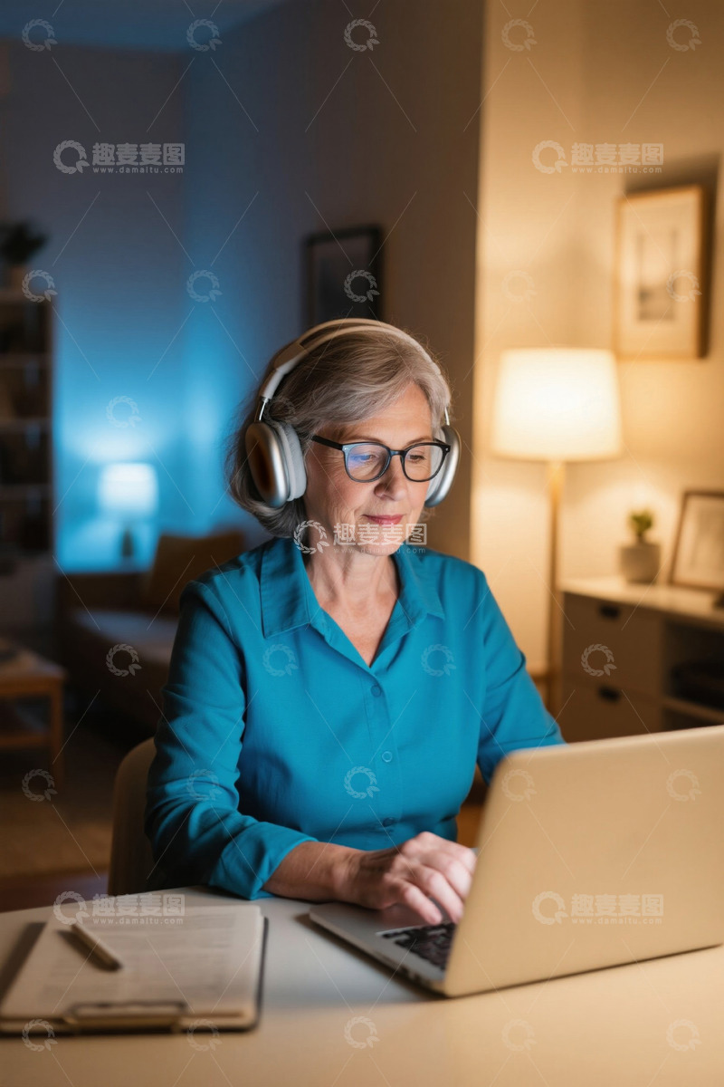 高清大图下载【趣麦麦图】老年女子戴耳机在家用电脑学习
