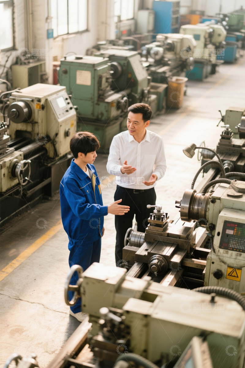 高清大图下载【趣麦麦图】工厂车间师傅指导年轻工人操作机器