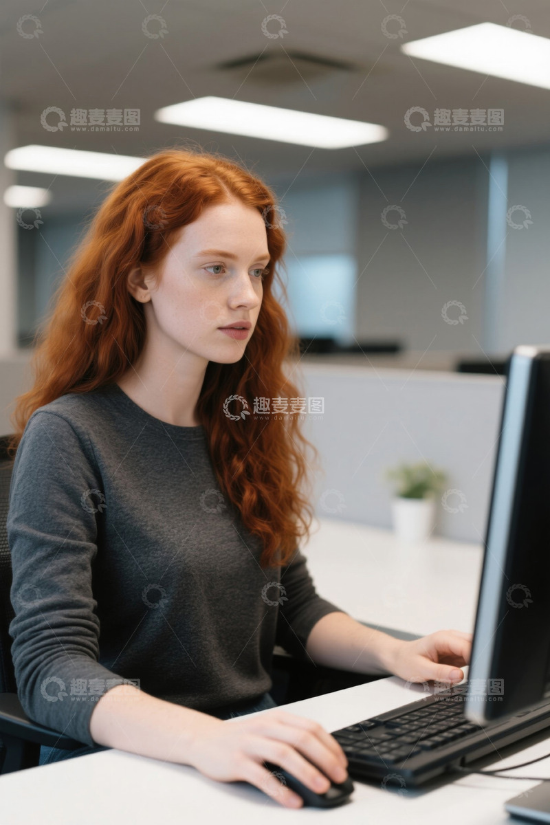高清大图下载【趣麦麦图】红发女子办公室内认真工作