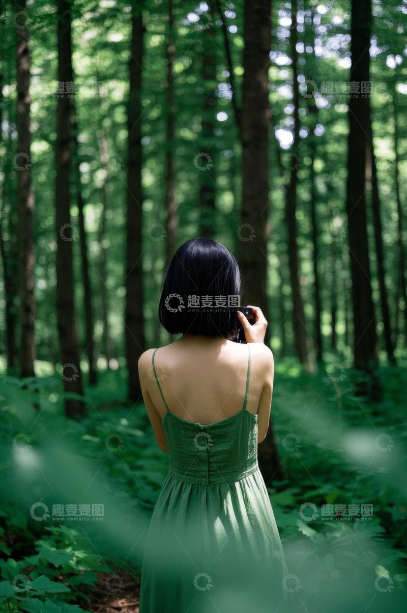 高清大图下载【趣麦麦图】女孩森林中背影手持相机拍照