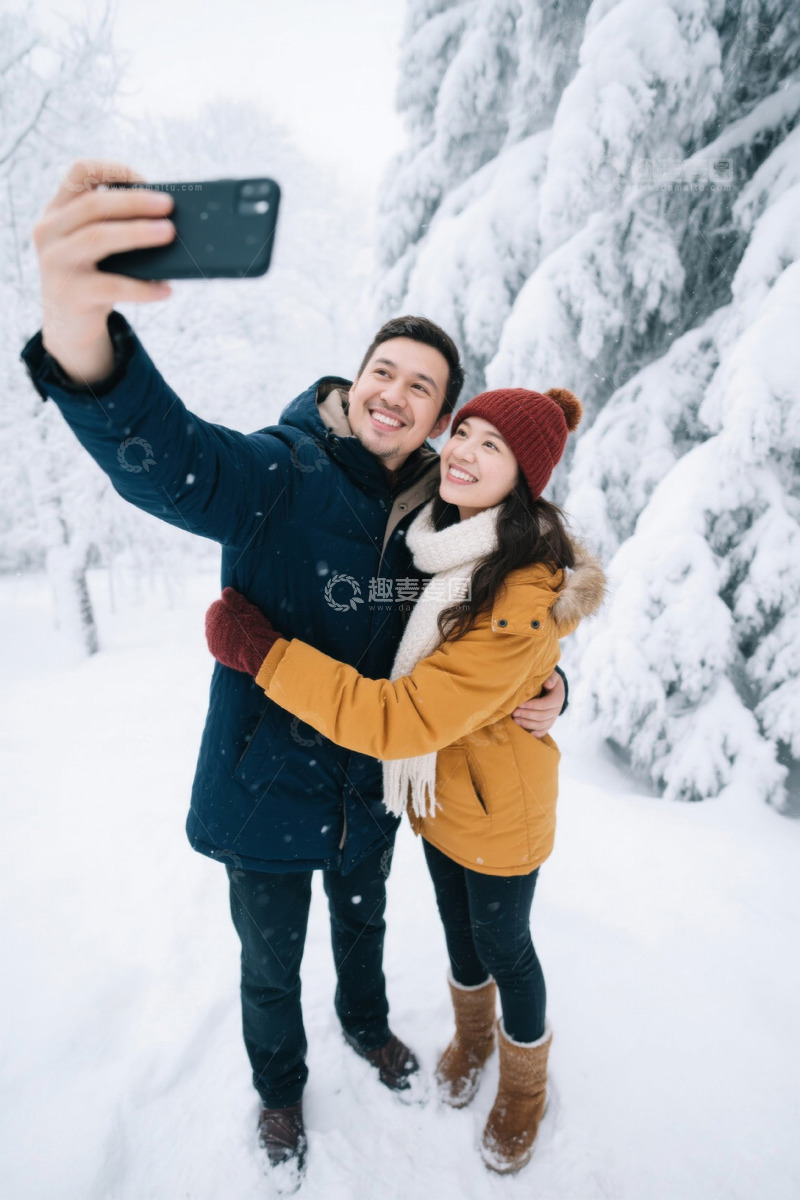 高清大图下载【趣麦麦图】雪地里甜蜜情侣自拍