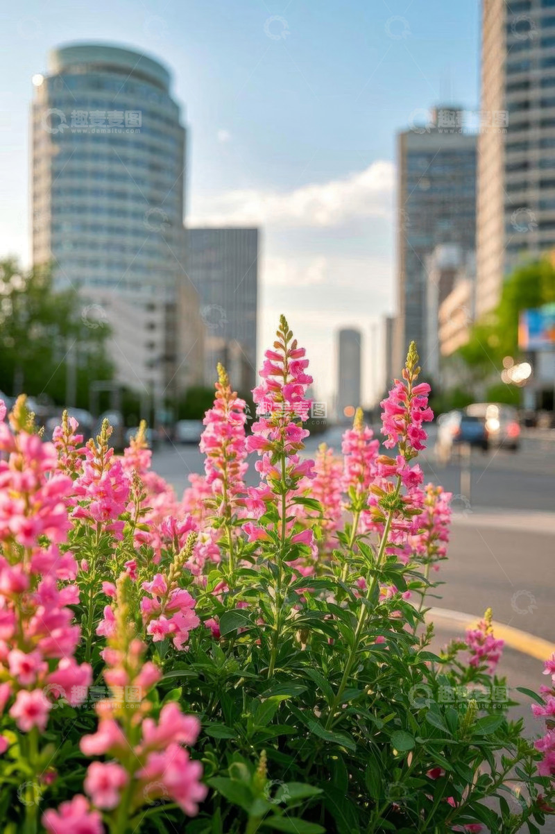 高清大图下载【趣麦麦图】城市街道边绽放的粉色花卉