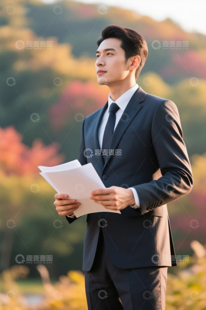 高清大图下载【趣麦麦图】西装男士秋日远眺文件在手