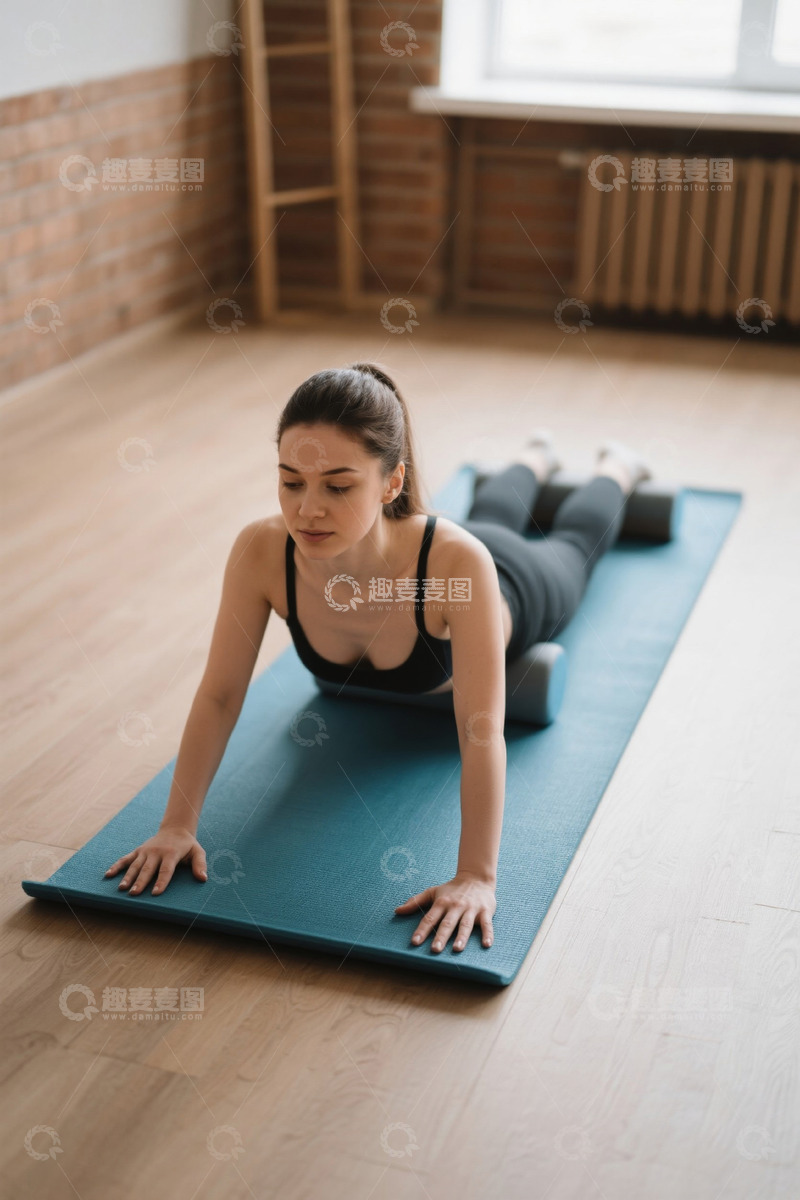 高清大图下载【趣麦麦图】女子瑜伽垫上使用泡沫轴放松背部