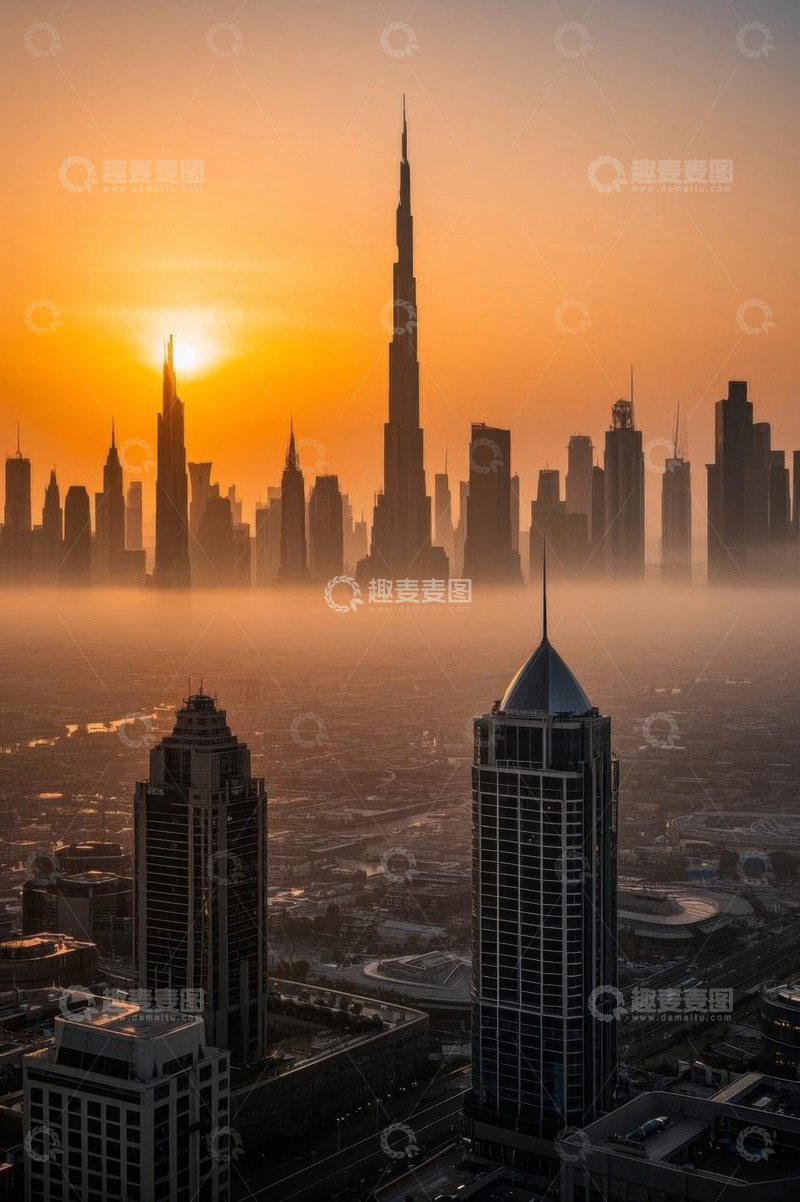 高清大图下载【趣麦麦图】迪拜城市高楼日出景观