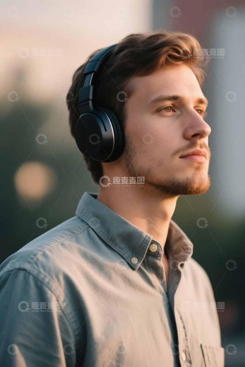 高清大图下载【趣麦麦图】戴耳机沉思的年轻男子户外肖像