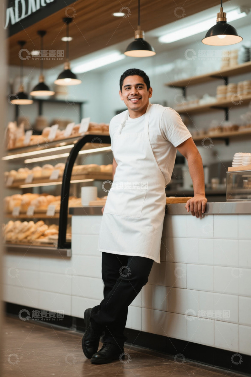 高清大图下载【趣麦麦图】面包店年轻男员工微笑靠墙