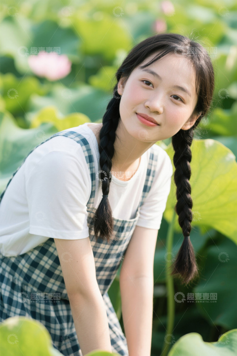 高清大图下载【趣麦麦图】莲叶田边少女恬静微笑