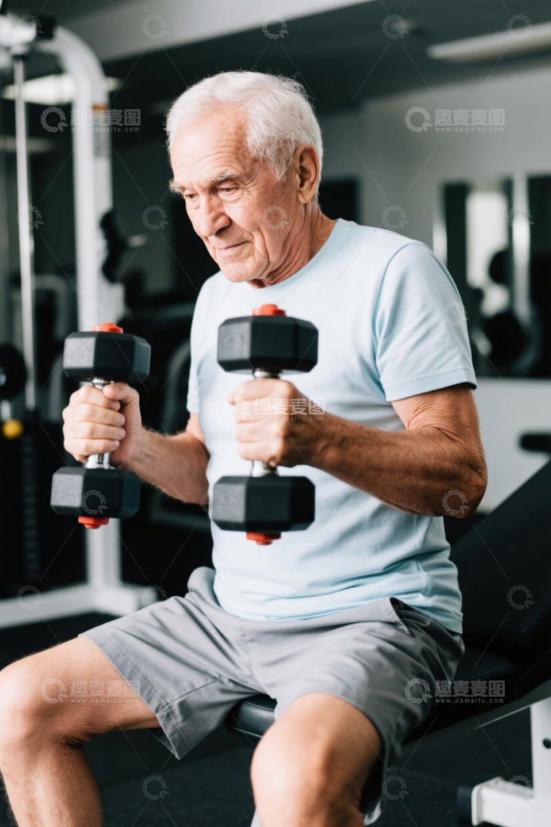 高清大图下载【趣麦麦图】健身房里老年人举哑铃锻炼