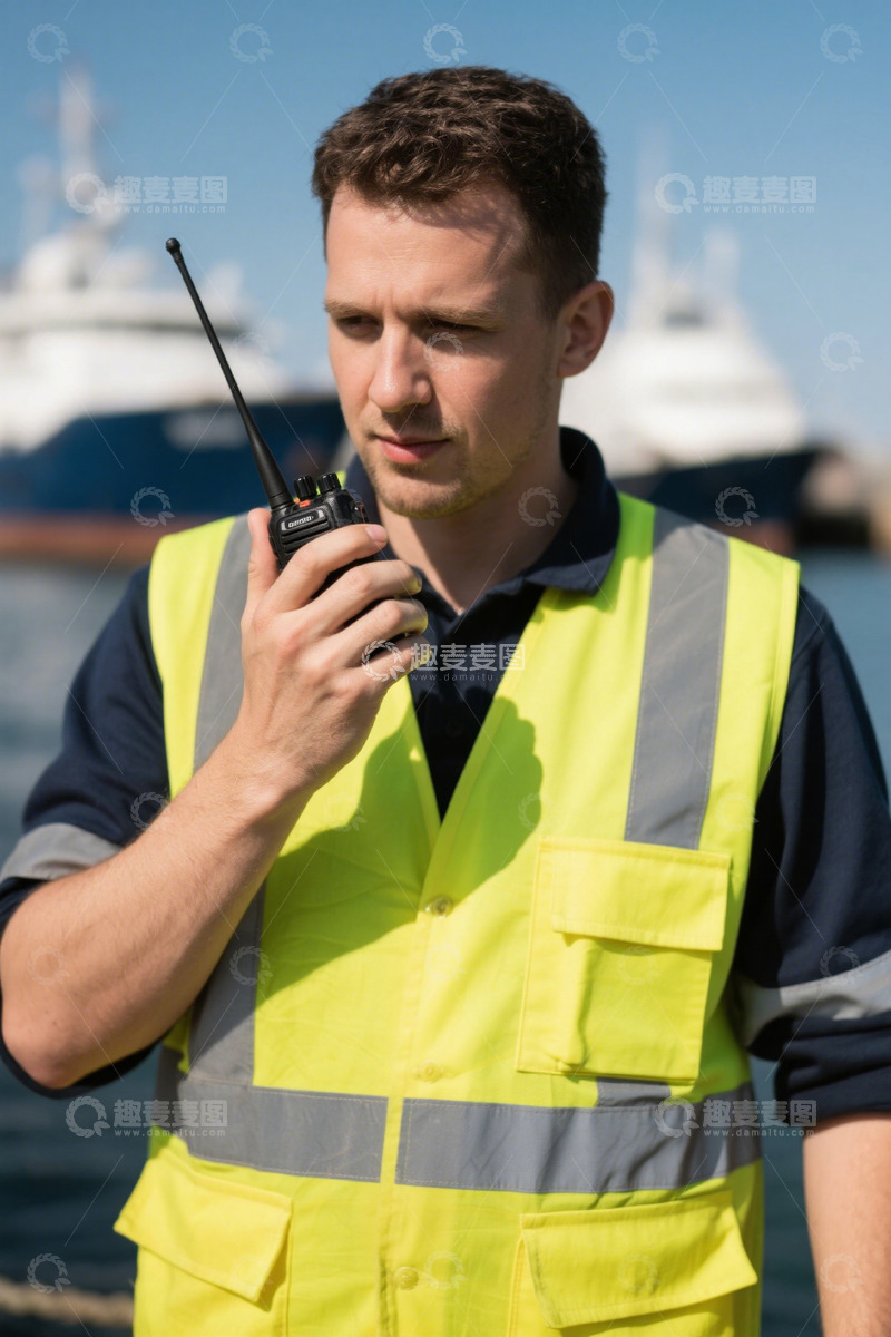 高清大图下载【趣麦麦图】港口工人使用对讲机沟通