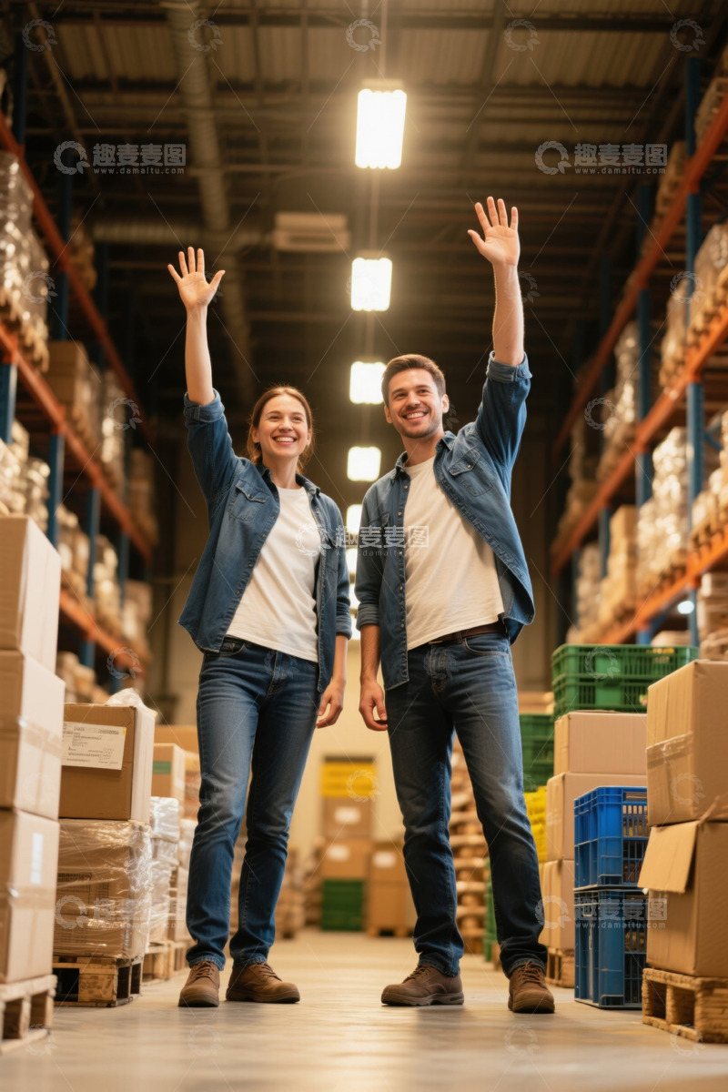 高清大图下载【趣麦麦图】仓库里开心挥手的年轻情侣