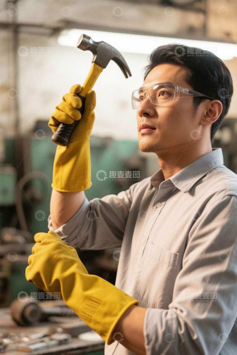 高清大图下载【趣麦麦图】戴眼镜的年轻工人手持锤子