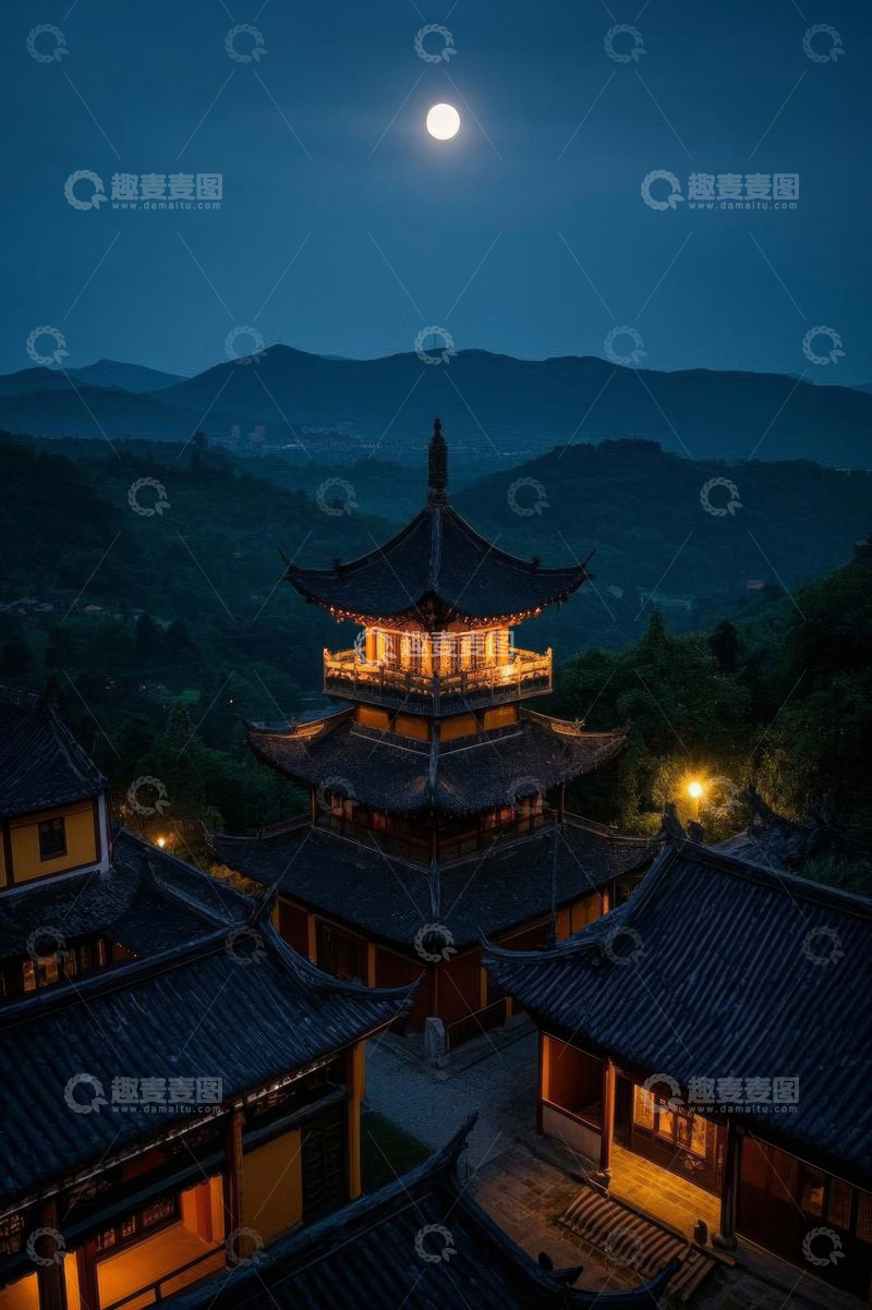 高清大图下载【趣麦麦图】月夜下的中式古建筑景观
