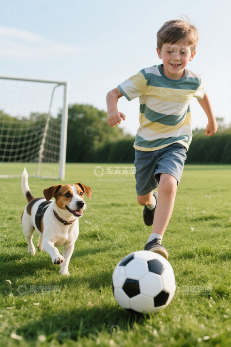 高清大图下载【趣麦麦图】男孩足球场踢球小狗陪伴玩耍