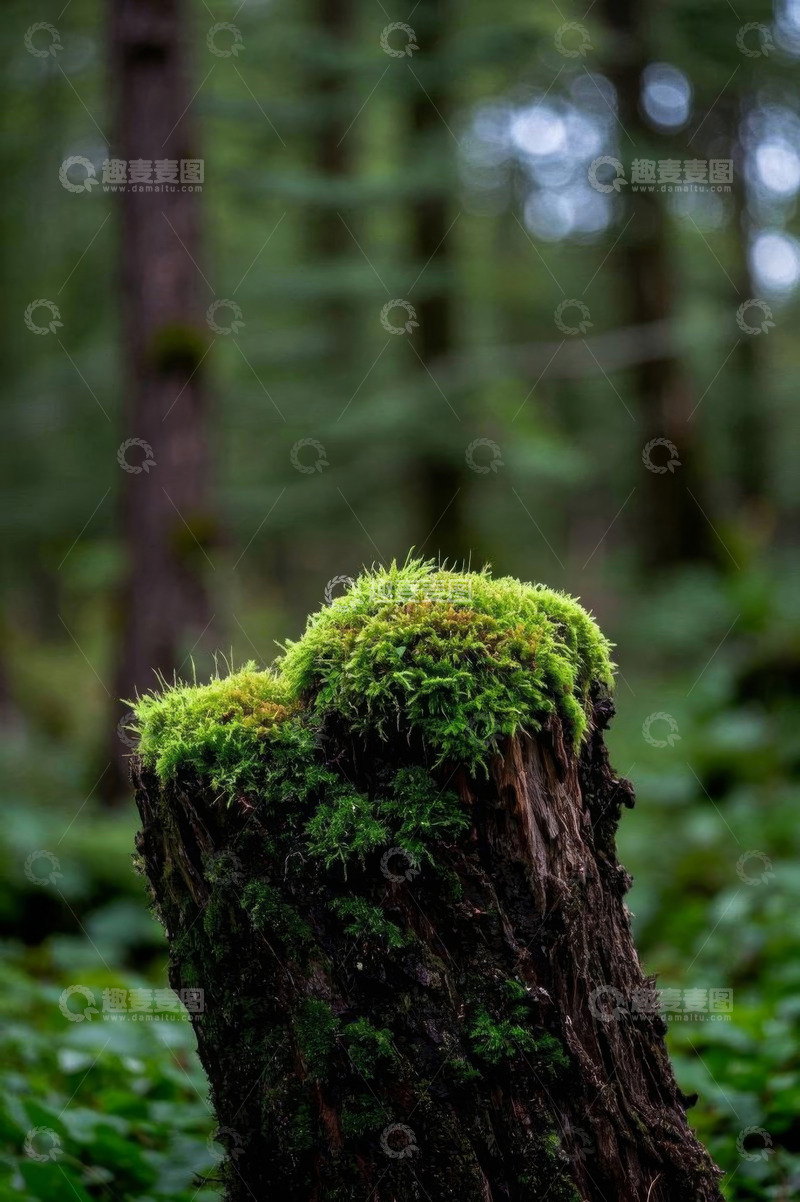 高清大图下载【趣麦麦图】森林中树桩上生长的绿色苔藓
