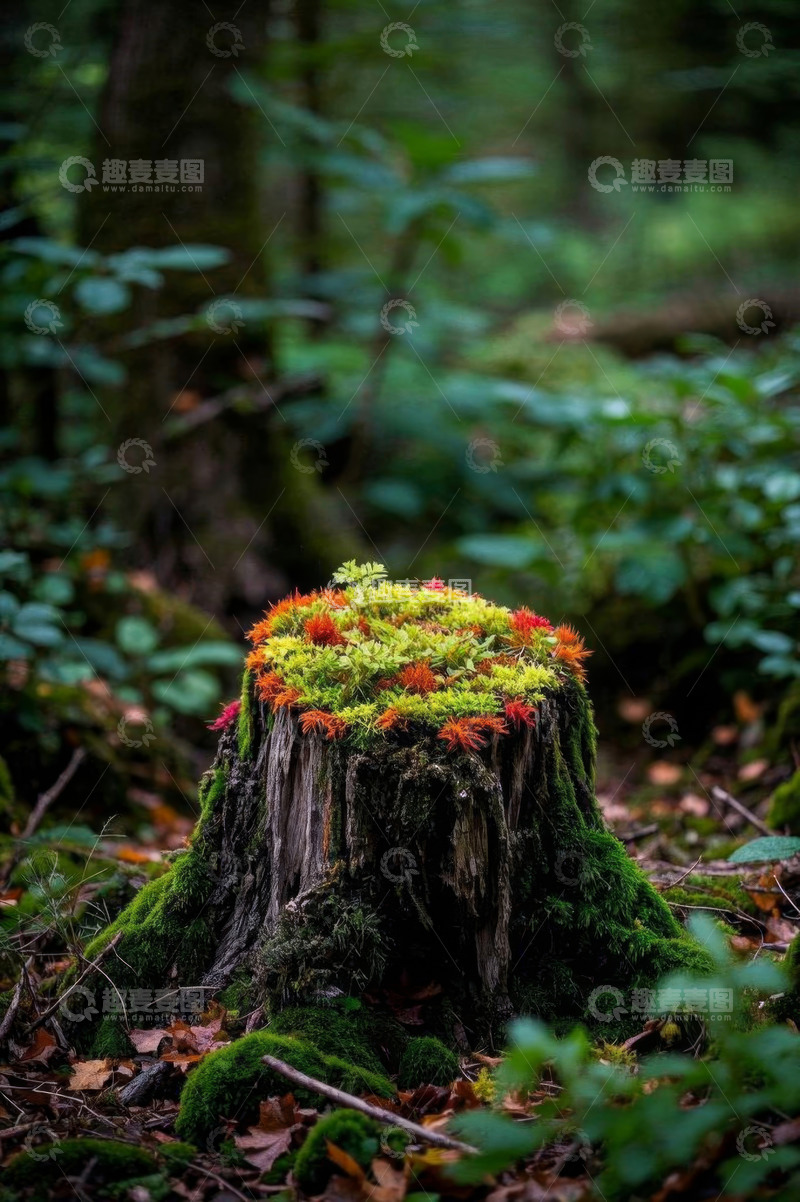 高清大图下载【趣麦麦图】森林中长满苔藓和植物的树桩