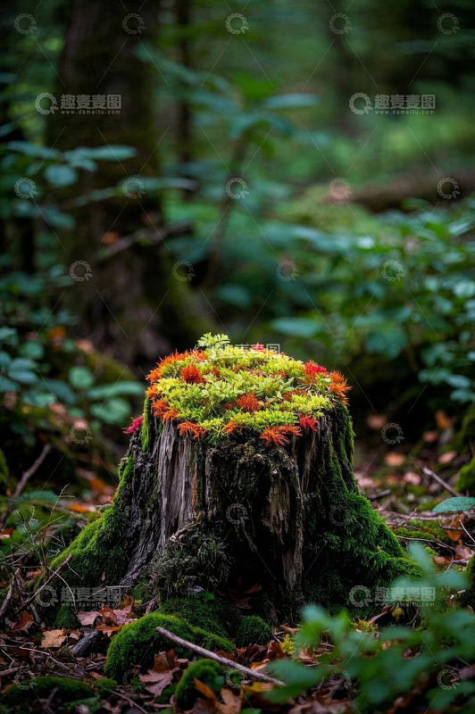 森林中长满苔藓和植物的树桩