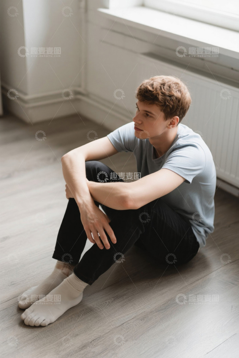 高清大图下载【趣麦麦图】忧郁青年室内坐地沉思