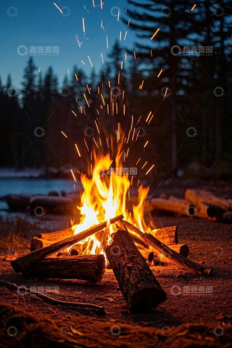 高清大图下载【趣麦麦图】森林湖畔的篝火场景