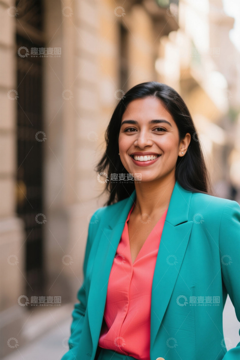 高清大图下载【趣麦麦图】自信笑容的年轻女子街景肖像