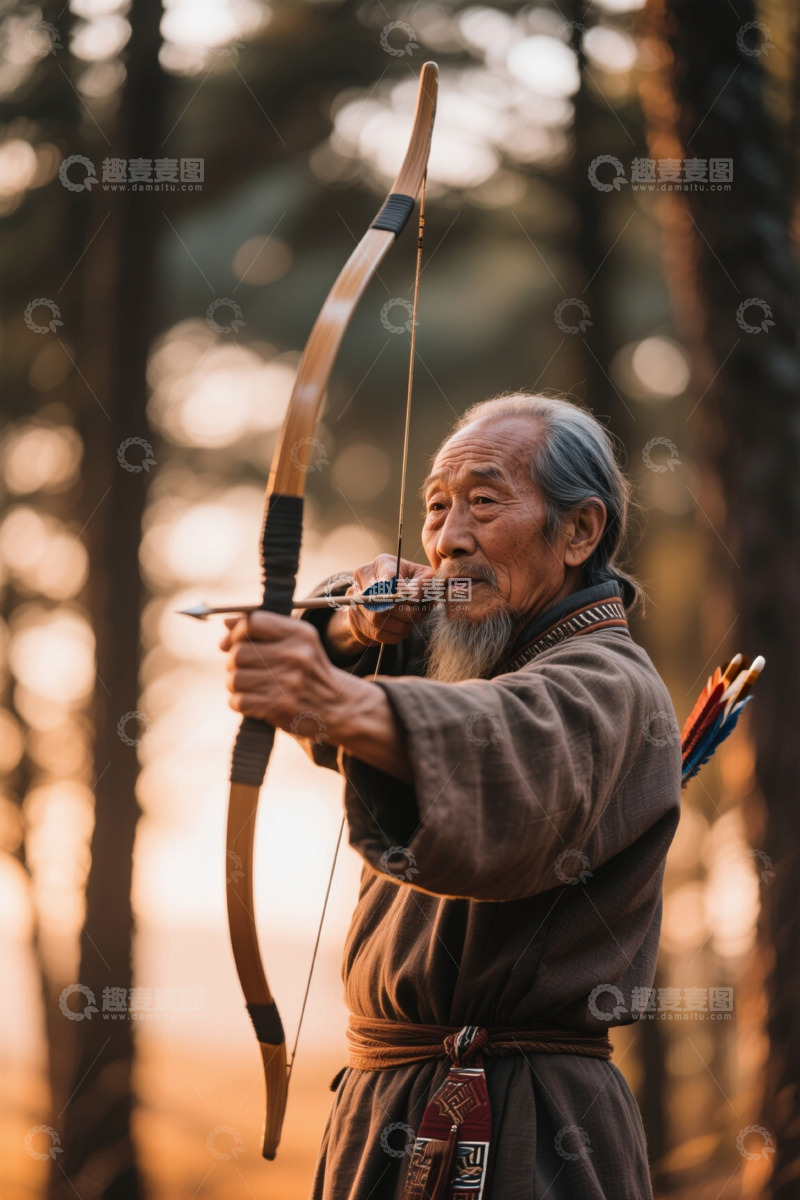 高清大图下载【趣麦麦图】老人森林拉弓射箭夕阳